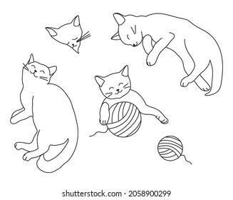 Vector line hand drawn set of charming cute cats with balls of thread. Different poses and emotions. Can be used as advertising, sticker, logo, icon.