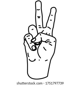 Vector line hand with two fingers up. Sign of peace and freedom on a white background.