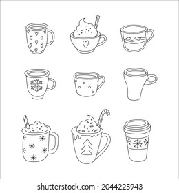 Línea de vectores ilustra a mano el juego de las bebidas navideñas de invierno. Color dulce Mugs con café, cacao caliente, leche de chocolate, té y crema. Aislado sobre fondo blanco