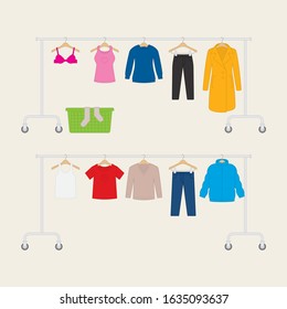 Vector line hanger with wheels with hanging colored clothes.