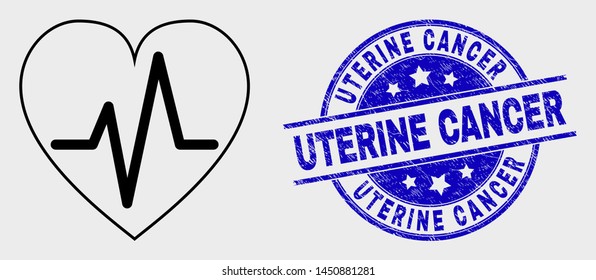 Vector line heart pulse icon and Uterine Cancer stamp. Blue round textured seal stamp with Uterine Cancer text. Black isolated heart pulse icon in contour style.