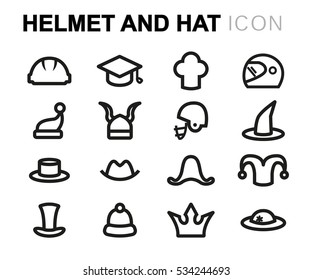 Vector line helmet and hat icons set on white background