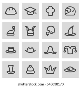 Vector line helmet and hat icons set on grey background