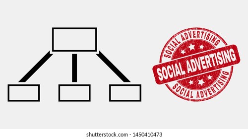 Vector line hierarchy links icon and Social Advertising seal stamp. Blue round scratched stamp with Social Advertising caption. Black isolated hierarchy links icon in contour style.