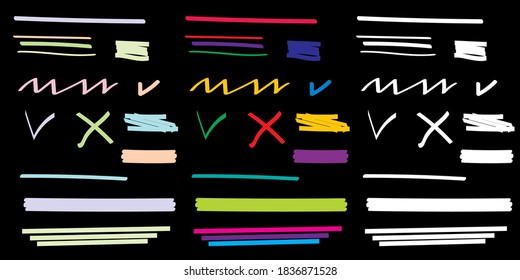 Vector line highlighter on black board. Hand-drawn colored lines. Grunge scribbles. Stock image.