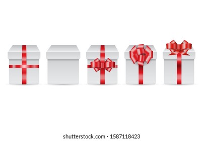 Vector line of holiday boxes with red bows for merry christmas gifts isolated on white background. Realistic illustration. Front view.