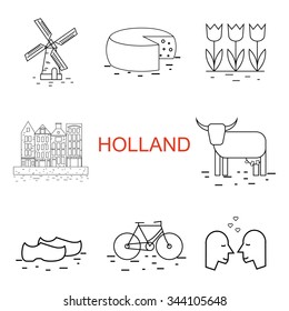 Vector  line Holland icon. Windmill, tulip, bike, clogs. Dutch culture