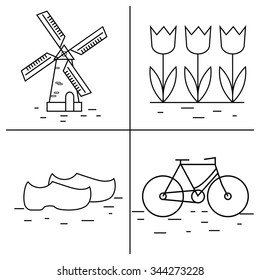 Vector  line Holland icon. Windmill, tulip, bike, clogs. Dutch culture logo for Europe travel