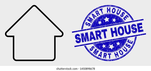 Vector line home icon and Smart House seal stamp. Blue rounded scratched seal stamp with Smart House phrase. Black isolated home symbol in line style.