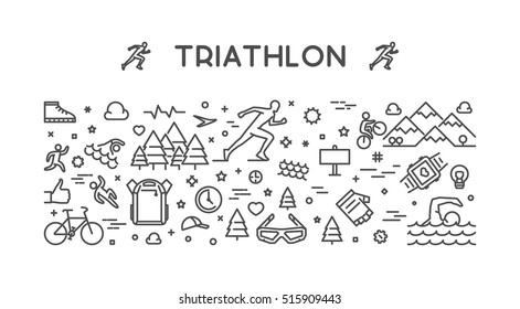 Vector line horizontal concept for triathlon. Linear banner for triathlon. Open path.