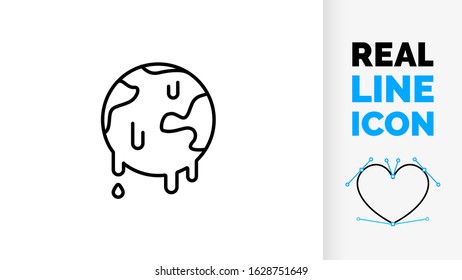 Vector line icon about global warming as a melting planet by the temperature rise on the north and south pole caps black illustration on white background