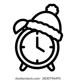 Vector line icon of an alarm clock wearing a winter hat