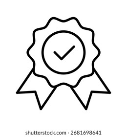 Vector line icon of badge with ribbons and checkmark symbol inside isolated on white background.