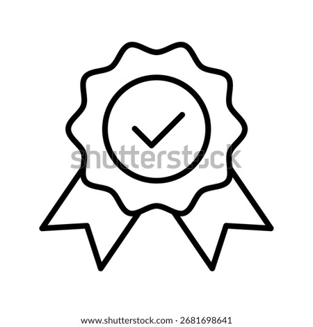 Vector line icon of badge with ribbons and checkmark symbol inside isolated on white background.