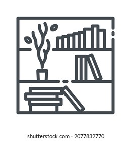Vector line icon of a book shelf with books and a plant front view isolated on transparent background. 