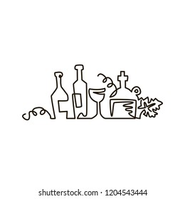 Vector Line icon. Bottles of wine with grape leaves. One line drawing. Isolated on white background. Continuous single one drawn line