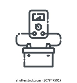 Vector line icon of a car battery with multi meter diagnostics front view isolated on transparent background. 