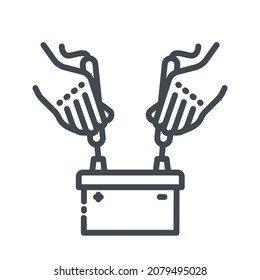 Vector line icon of a car battery with multi meter diagnostics front view isolated on transparent background. 