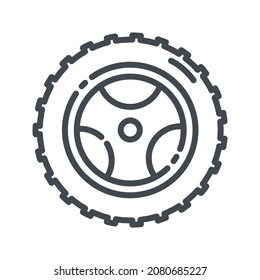 Vektorliniensymbol einer Seitenansicht des Autoreifens einzeln auf transparentem Hintergrund. 