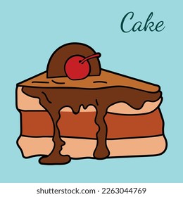 vector line icon chocolate cake with cherry on top. flat design. flyer design. flat illustration