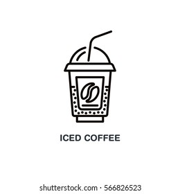 Vector line icon of coffee cocktail in disposable cup. Cold drink linear logo. Outline symbol for cafe, bar, shop, food delivery
