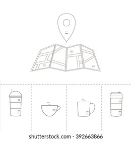 Vector line icon with Coffee Pin Pointer and coffee icons isolated on white. Marker location icon