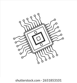 Um ícone de linha vetorial de uma CPU ou microchip, o componente central do hardware do computador. Este gráfico de esboço simboliza processamento de dados, inteligência artificial (IA), inovação e engenharia eletrônica