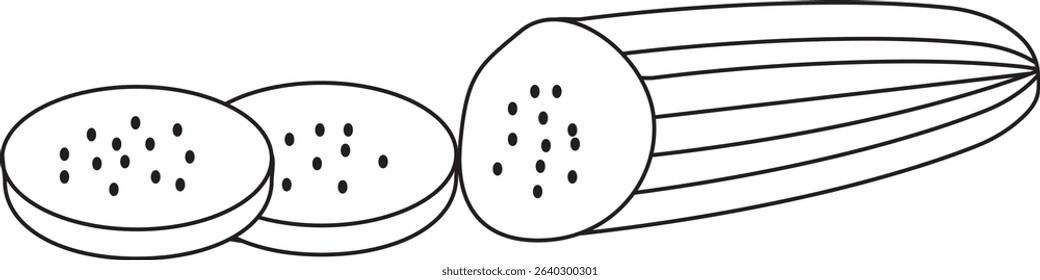 Vector line icon of a cucumber and round cucumber slices.