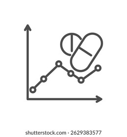 A vector line icon depicts a line graph with an upward trend near a pill and capsule. Illustrates medication efficacy and positive treatment outcomes over time.