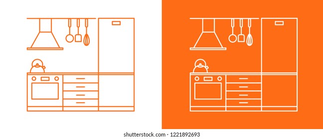 Vector line icon drawing design project fragment of a compact modular kitchen on a white and orange background