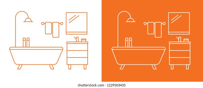 Vector line icon drawing design project fragment of a bathroom on a white and orange background