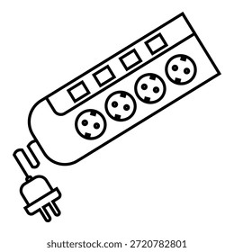 Icono de línea de Vector de una tira de alimentación eléctrica con múltiples tomas y enchufes, adecuado para ilustraciones de tecnología, energía, oficina y equipo para el hogar.