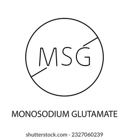 A vector line icon featuring a crossed out monosodium glutamate molecule, indicating the presence of a MSG allergen. This icon is designed for food packaging