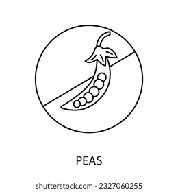 Un icono de línea vector con un guisante tachado, que indica la presencia de un alergeno de arveja. Este icono está diseñado para el empaquetado de alimentos para alertar a las personas con restricciones dietéticas