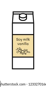 Vector line icon of flavored vegan vanilla soy milk isolated on a white background. Plant based non dairy alternative. Icon of carton box with screw cap and with label with illustration of soya.