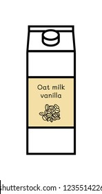 Vector line icon of flavored vegan vanilla oat milk isolated on a white background. Plant based non dairy alternative. Icon of carton box with screw cap and with label with illustration of oatmeal.