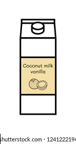 Vector line icon of flavored vegan vanilla coconut milk isolated on a white background. Plant based non dairy alternative. Icon of carton box with screw cap and with label with illustration of coconut