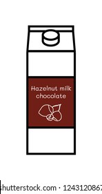 Vector line icon of flavored vegan chocolate hazelnut milk isolated on a white background. Plant based non dairy alternative. Icon of carton box with label with illustration of hazelnut.