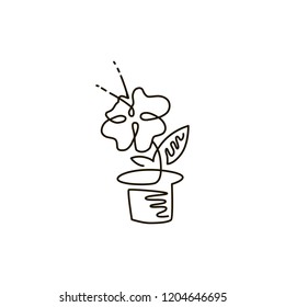 Vector Line Icon. Flower in a pot. Gardening. One line drawing. Isolated on white background. Continuous single one drawn line