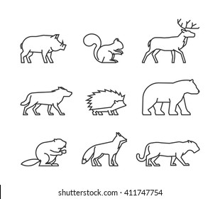 Vector line icon forest animals on white background.