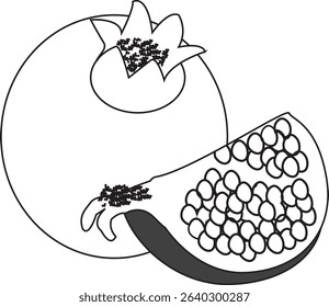 Vector line icon of a fresh whole pomegranate fruit and a pomegranate slice.