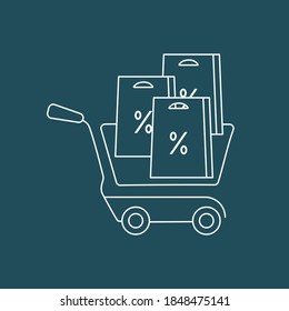Icono de línea de vector del carrito de compras completo con productos de descuento.    Concepto de pedidos móviles