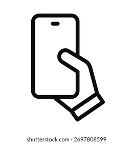 Ícone de linha de vetor de uma mão usando um smartphone. Design de esboço simples e limpo, adequado para conceitos móveis, de comunicação, de aplicativo e de tecnologia