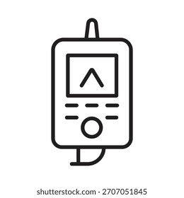 Vector line icon of a handheld GPS navigator with a direction arrow on screen for outdoor tracking and location.
