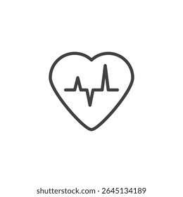 Vector line icon of a heart with pulse waveform. This outline icon symbolizes heartbeat monitoring and cardiovascular health in medical contexts.