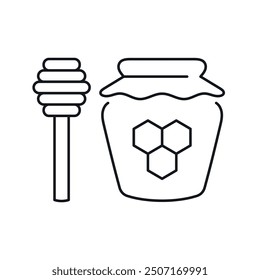 Vector line icon of honey in a jar and a spoon isolated on a white background. Editable stroke