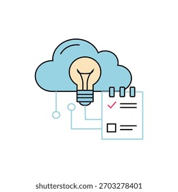 Vector line icon illustrating digital health management, cloud computing, and innovative solutions. Features a lightbulb connected to a cloud and a checklist, symbolizing new ideas in healthcare