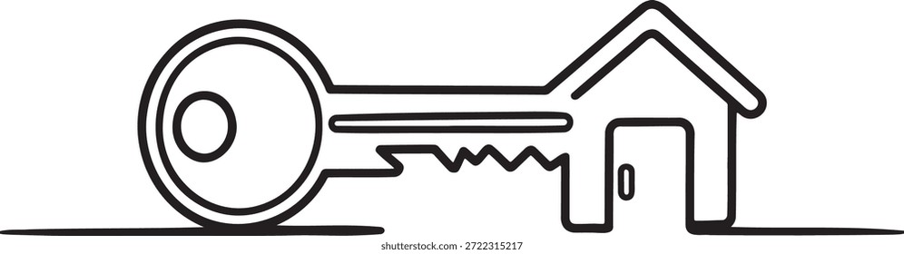Ícone de linha de vetor ilustrando chave com projeto de estrutura de casa de formação de bits. Simboliza a segurança de propriedade de acesso à casa de imóveis ou a chave para o tema de sucesso em fundo transparente.