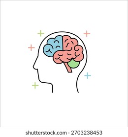 Icono de línea de Vector que ilustra la salud mental, la psicología y la actividad cognitiva. Presenta un perfil estilizado de la cabeza humana con un cerebro visible de dos tonos (hemisferios rojo y azul), marcado con signo más