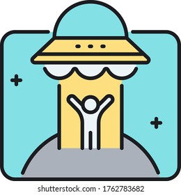 Vector line icon illustration of alien abduction. Human getting abducted by UFO spaceship.